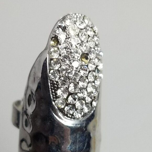 Vintage Finger Shape Ring, Silver Tone Rhinestone Nail adjustable Size Bands - Picture 5 of 7